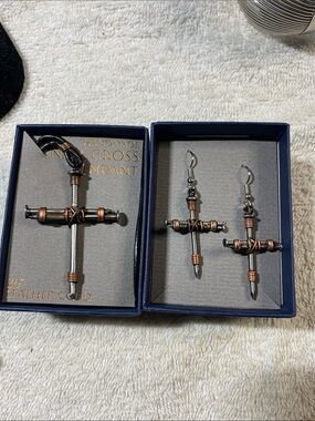 Handmade Cross Pendant Necklace and Earrings Set - Silver & Copper Tone
